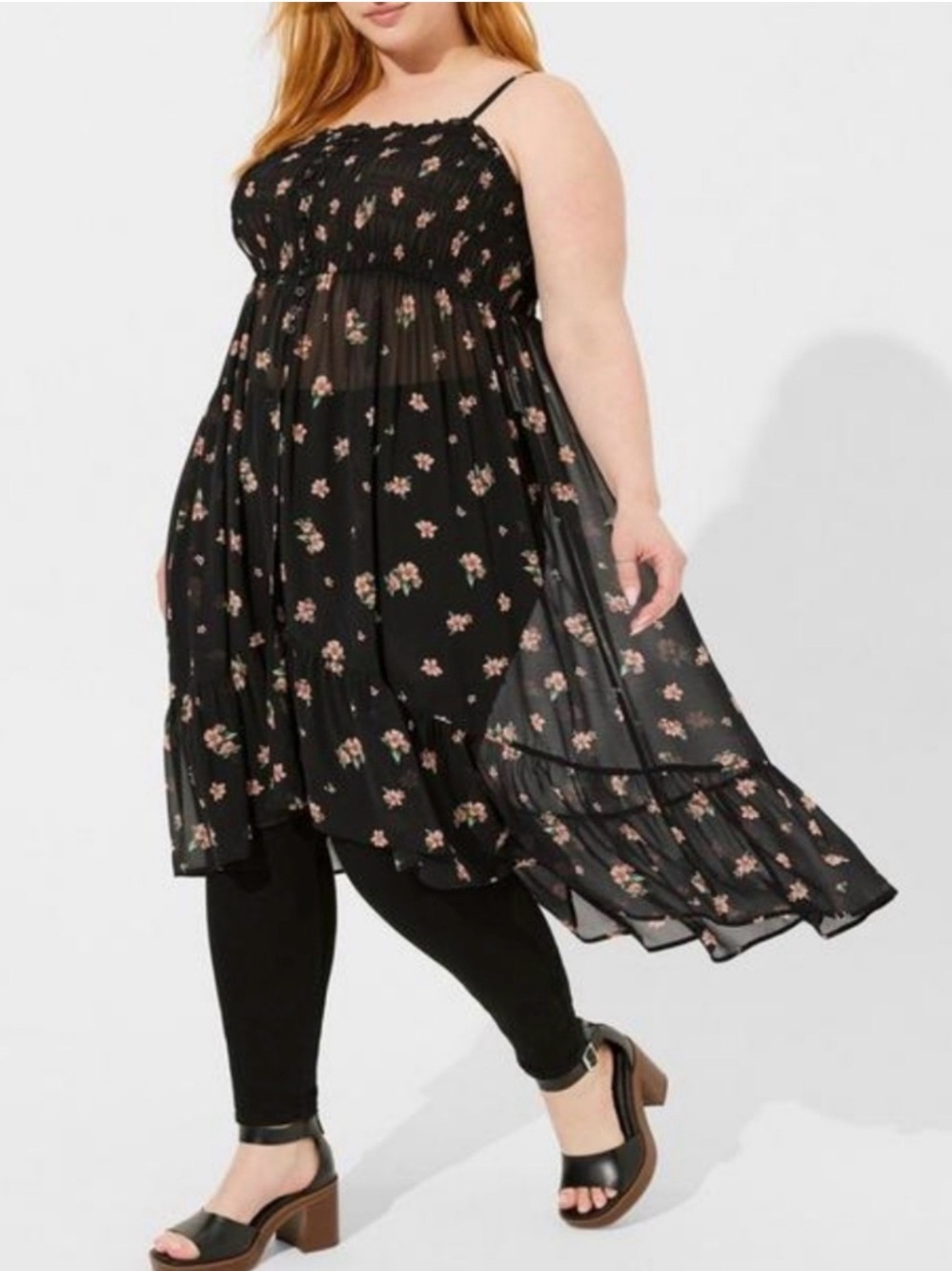 torrid Black Sheer Floral High-Low Smocked Dress